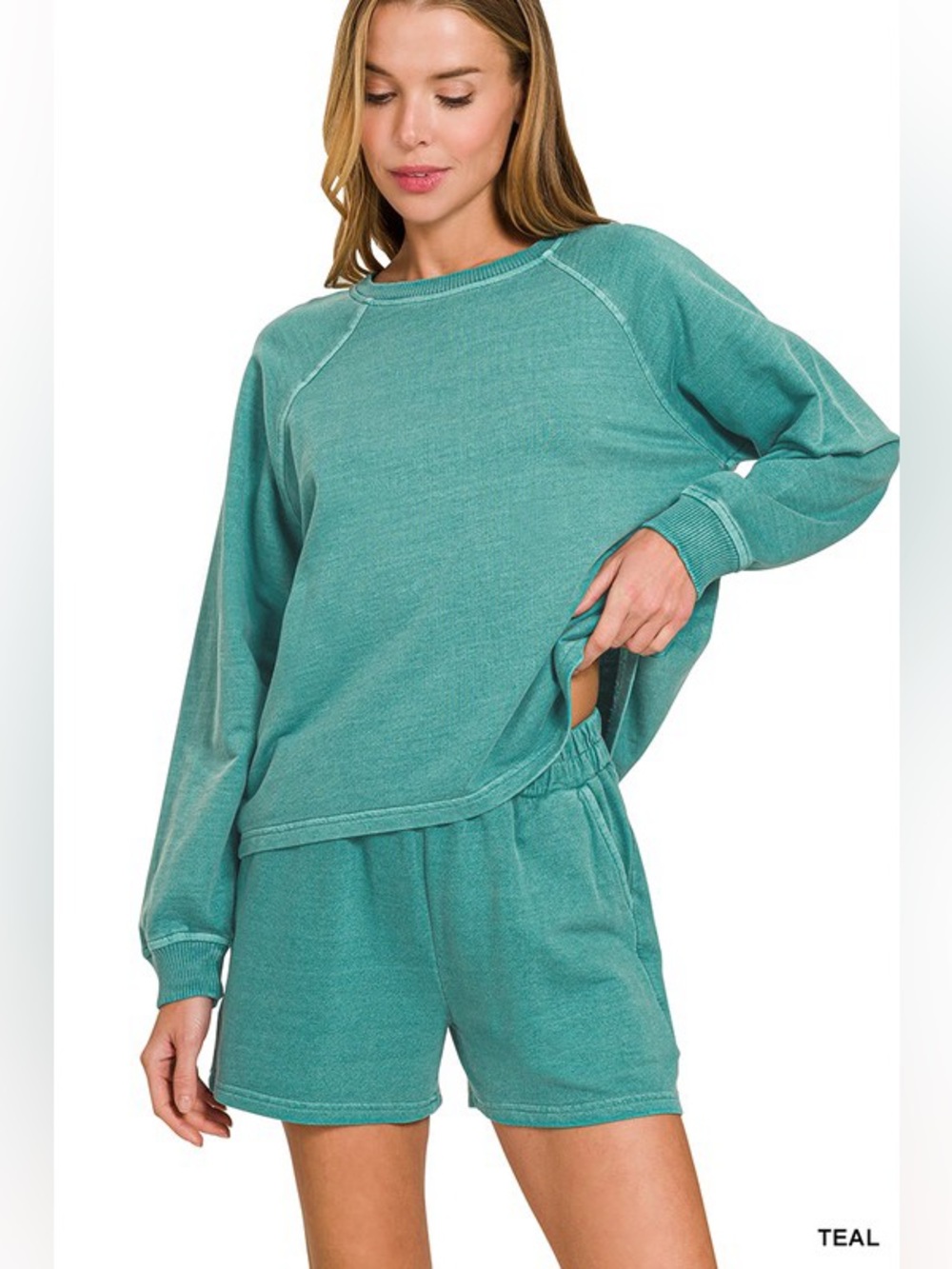 Zenana Teal French Terry Lounge Set - Picture 2 of 2